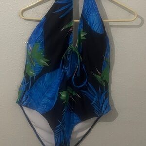 SHEIN Blue Tropical Print One Piece Swimsuit